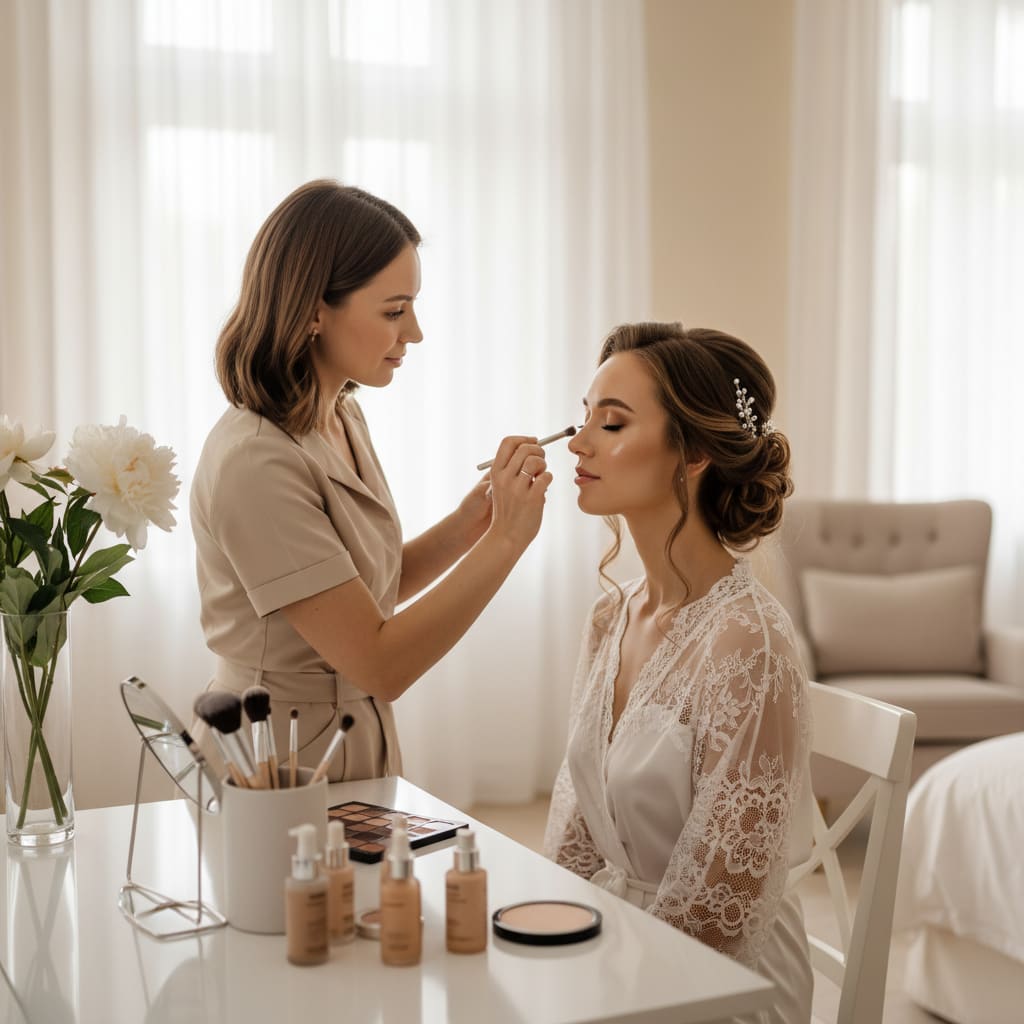Makeup artist applying bridal makeup