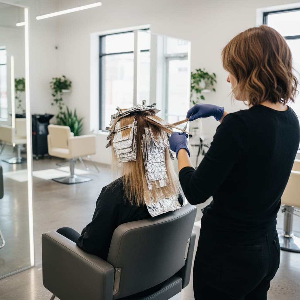 Professional hair coloring session with foils